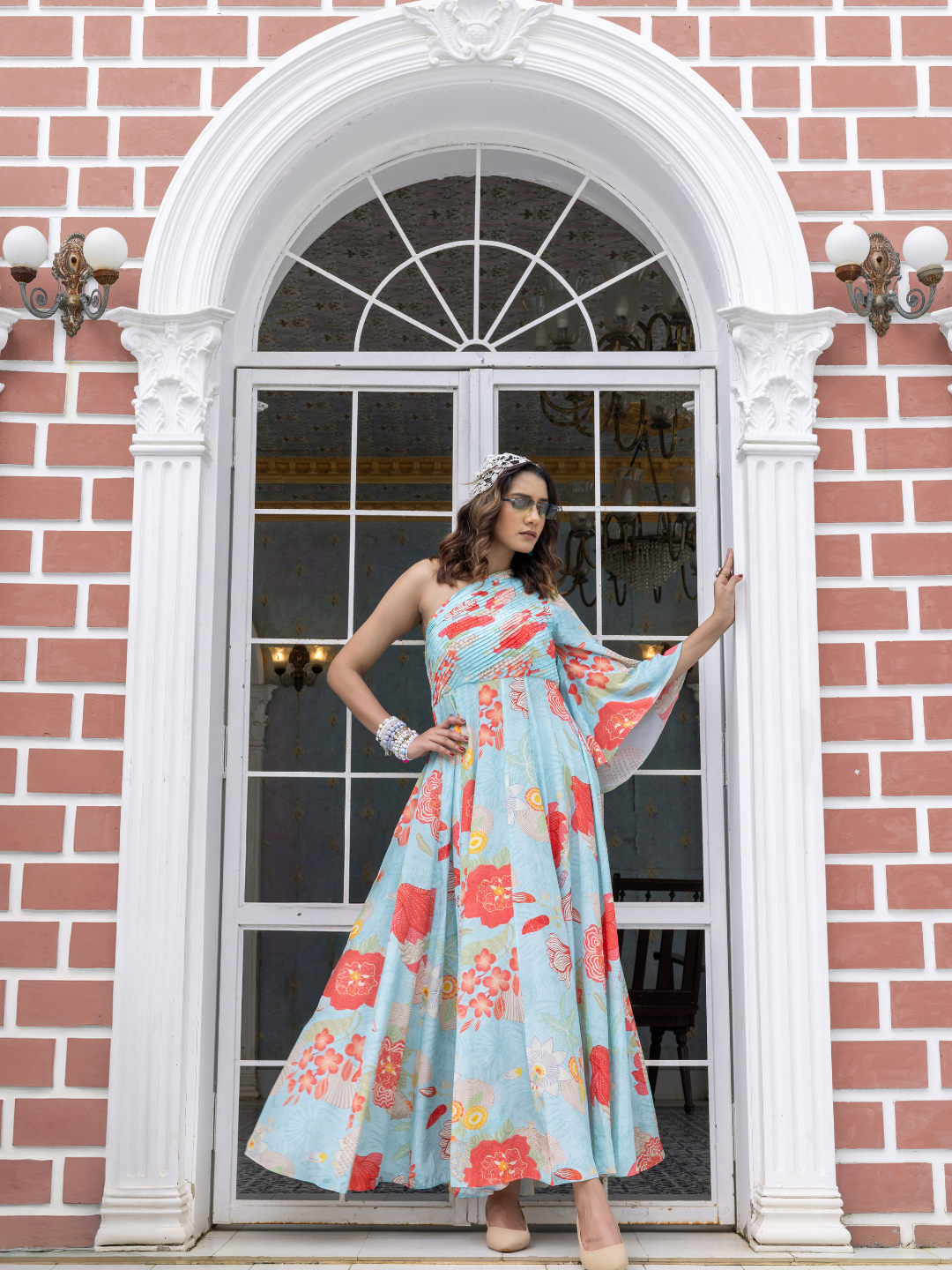 strapless open back dress Celebrations Partywear Dress Blue Pink Silk Indian Ethnic Palazzo Suit
