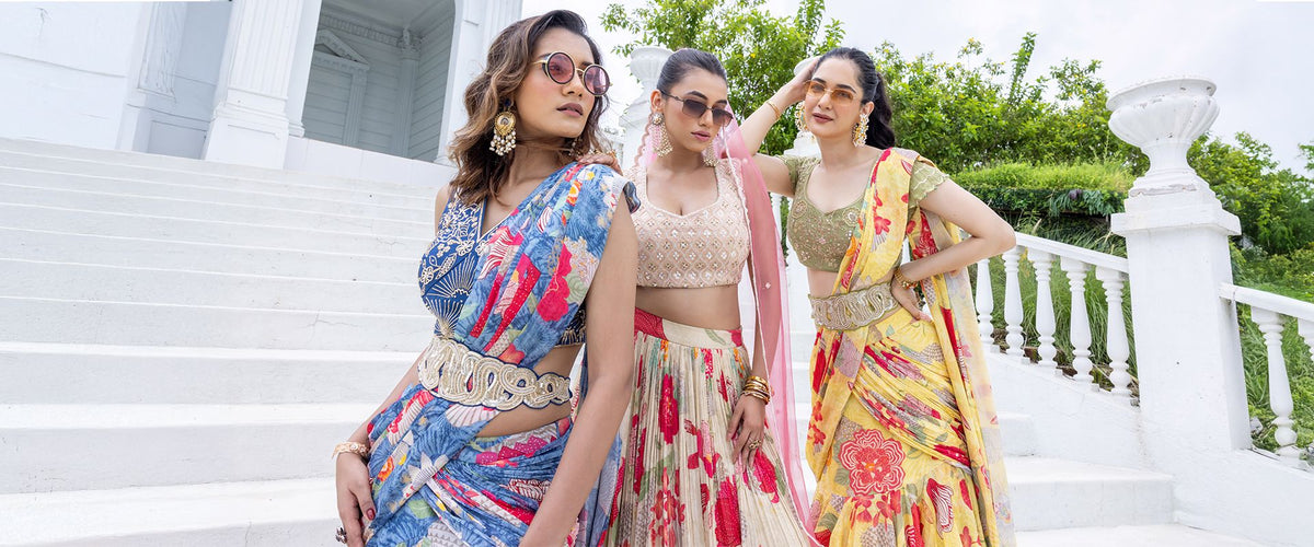 Creole Flore collection banner featuring luxury floral printed and embroidered ethnic wear