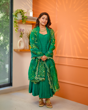 Hina khan In Forest Green Malai Chanderi Anarkali Set