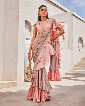 Pearl Grey Satin Chiffon Drape Saree