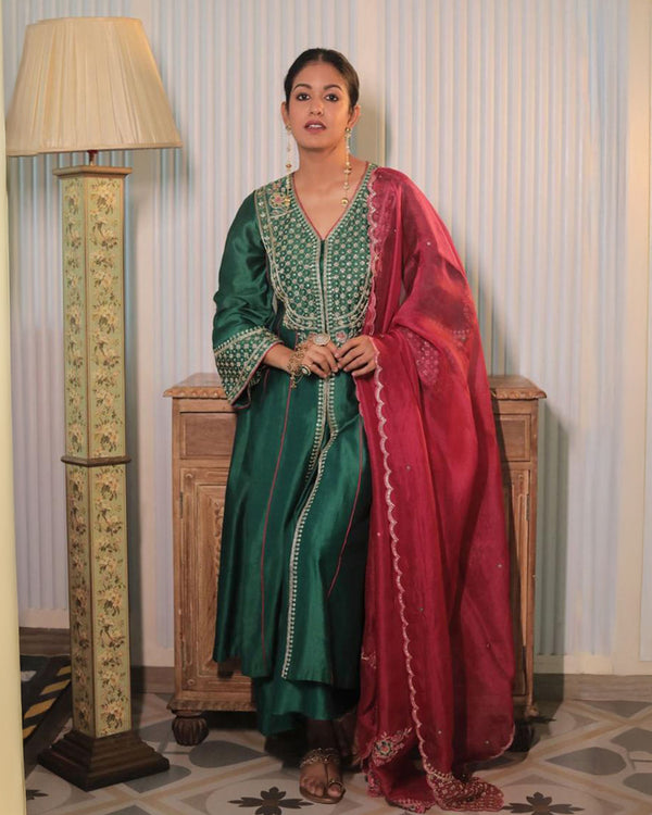 Ishita Dutta in Creole designer mahogany green chanderi silk suit set for festive wear