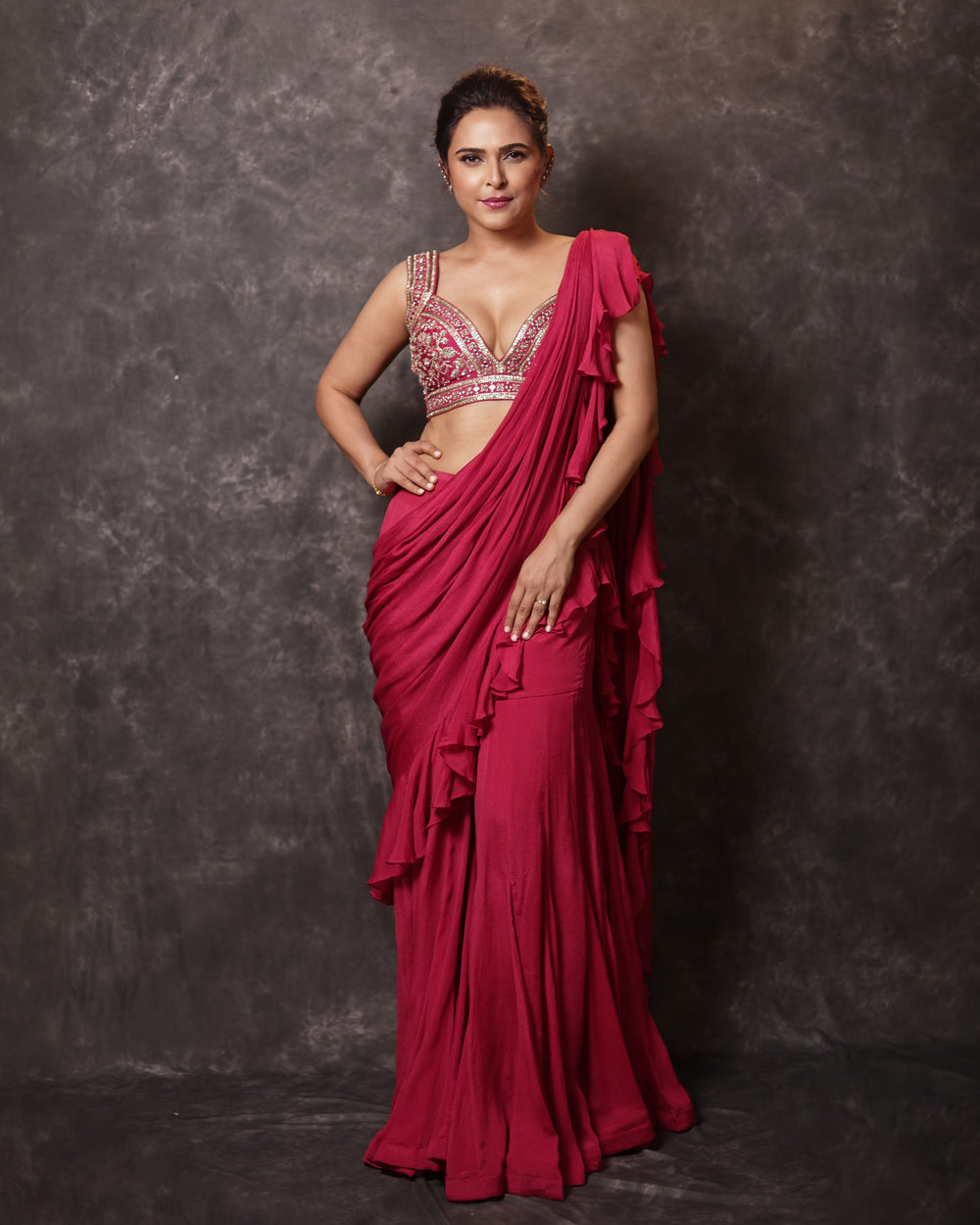 Celebrity Madhurima Tuli wearing a luxury handcrafted designer ethnic outfit by Creole