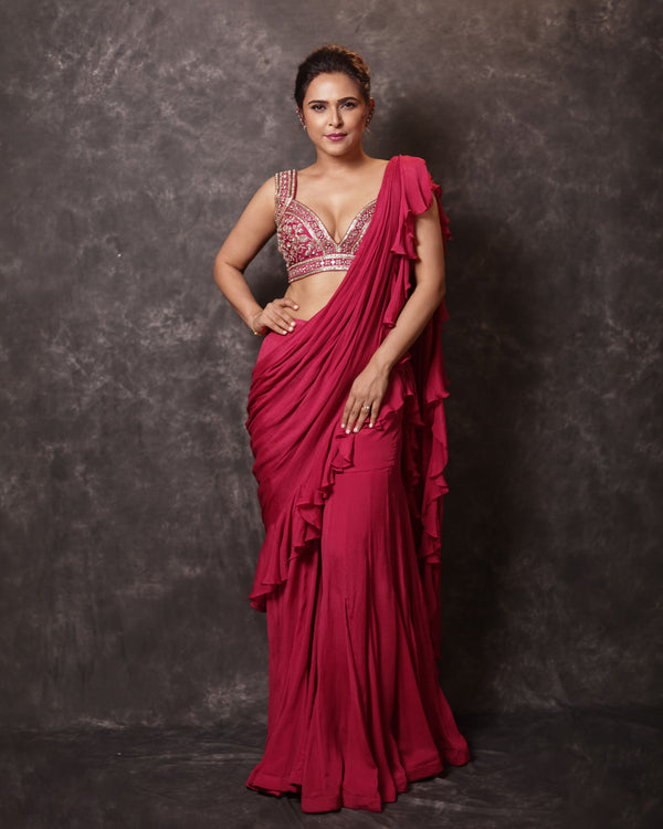 Celebrity Madhurima Tuli wearing a luxury handcrafted designer ethnic outfit by Creole
