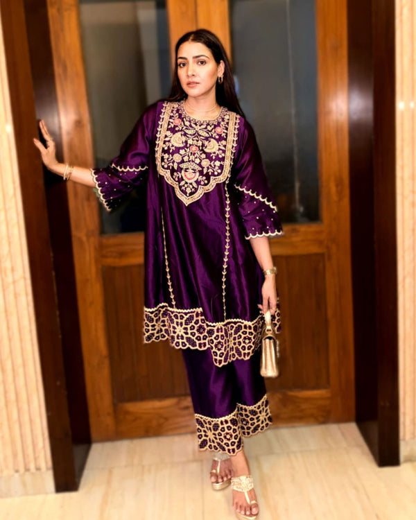 Priyanka Raina in Creole designer rich purple chanderi silk suit set for festive and wedding wear