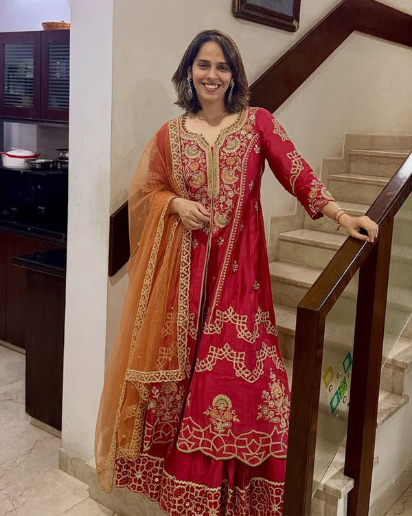 Saina Nehwal in a terracotta mirror work malai chanderi suit set with red dupatta by Creole