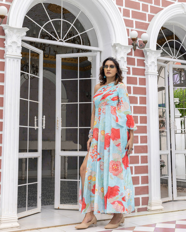 Aqua Blue One-Shoulder Dress