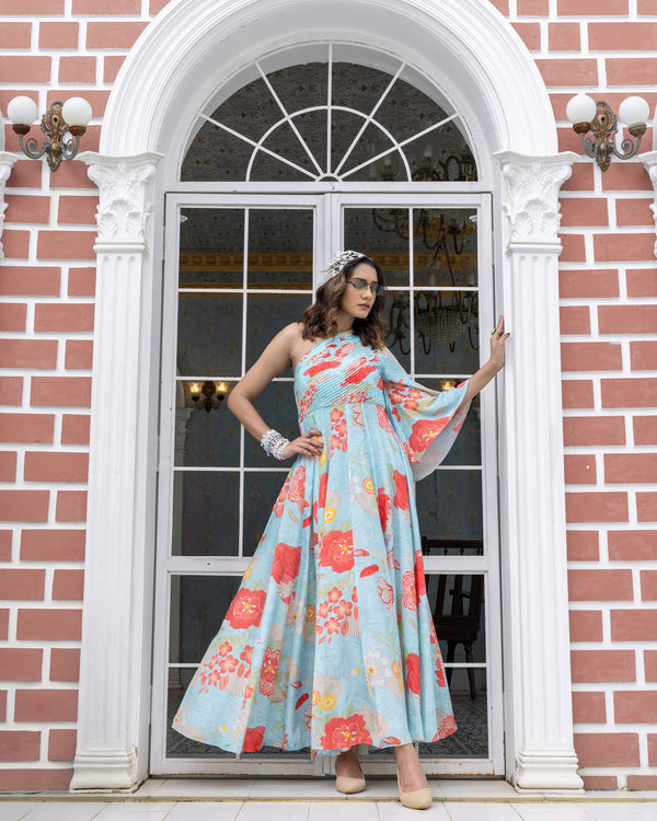 Aqua Blue One-Shoulder Dress