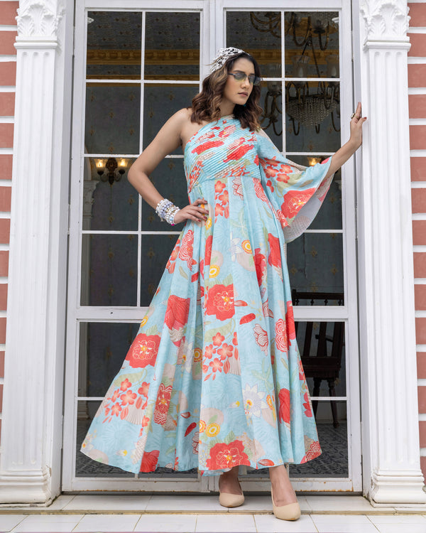 Aqua Blue One-Shoulder Dress