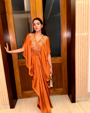 Priyanka Raina In Rustic Gold Satin Silk Kaftan