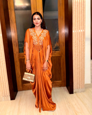 Priyanka Raina In Rustic Gold Satin Silk Kaftan
