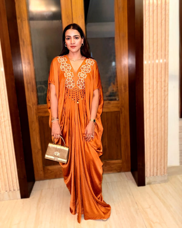 Priyanka Raina In Rustic Gold Satin Silk Kaftan