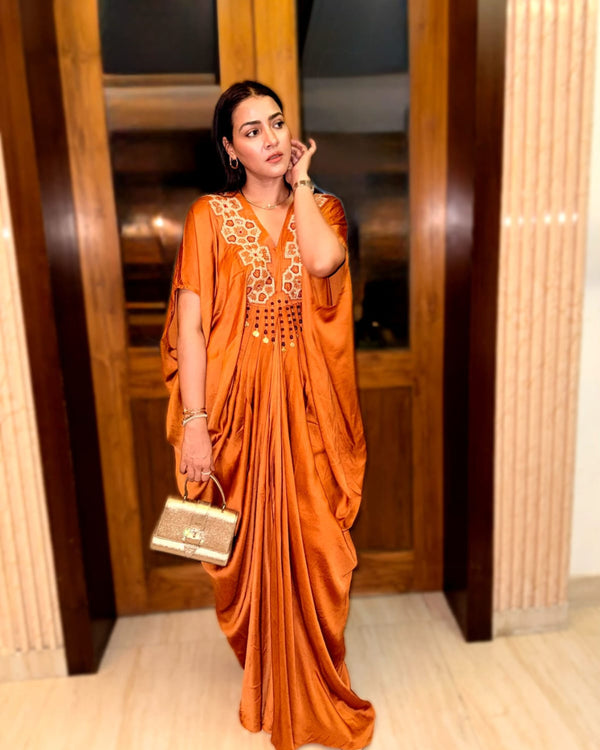 Priyanka Raina In Rustic Gold Satin Silk Kaftan