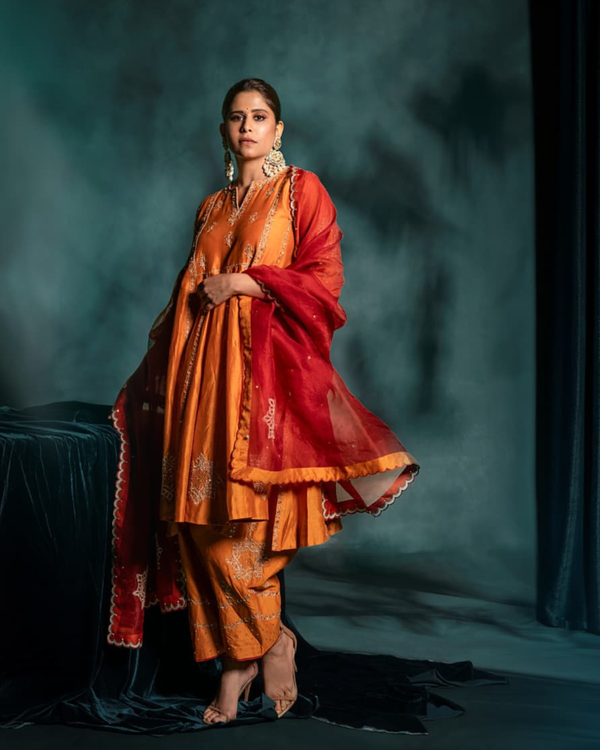 Saie Tamhankar In Cinnamon Embroidered Chanderi Silk Suit Set