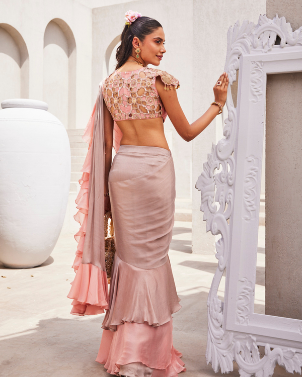 Peach and metallic taupe ruffle saree style fusion outfit